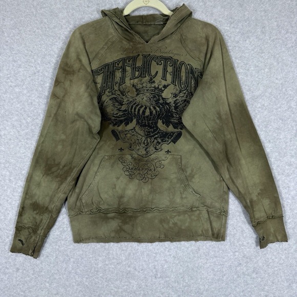 Affliction Hoodie Womens Small Green Pullover Raw Hem Distressed Grunge Logo Y2K - Picture 1 of 16